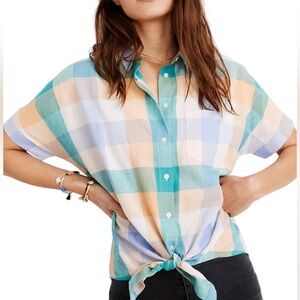 Madewell Gingham Short Sleeve Tie Front Cotton Linen Blend Top Size Small